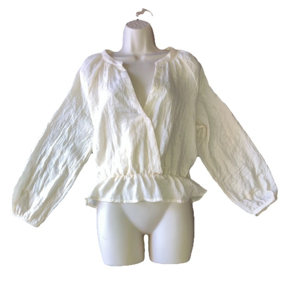 Salt + Soul Ivory Puff Sleeve Lightweight Crinkle Faux Wrap Ruffle Blouse Top M